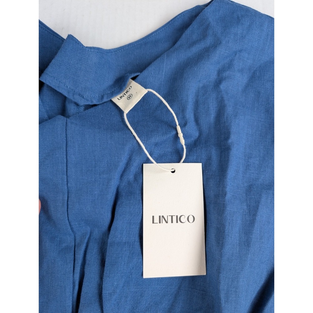 Lintico Serena Dress Womens Medium NWT Blue Linen V-Neck Fabric Belted - Picture 4 of 7